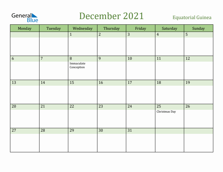 December 2021 Calendar with Equatorial Guinea Holidays