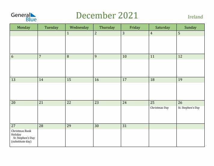 December 2021 Calendar with Ireland Holidays