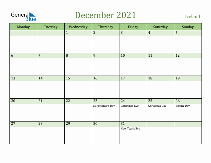 December 2021 Calendar with Iceland Holidays