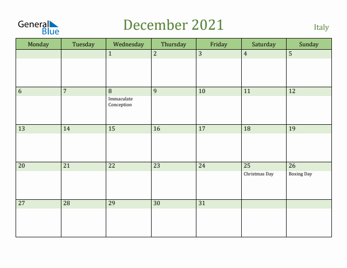 December 2021 Calendar with Italy Holidays