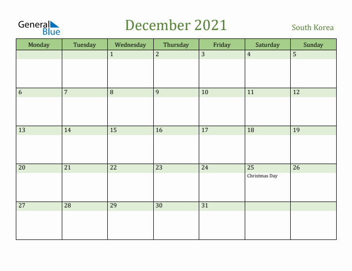 December 2021 Calendar with South Korea Holidays