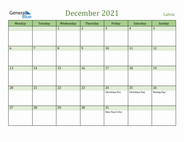 December 2021 Calendar with Latvia Holidays