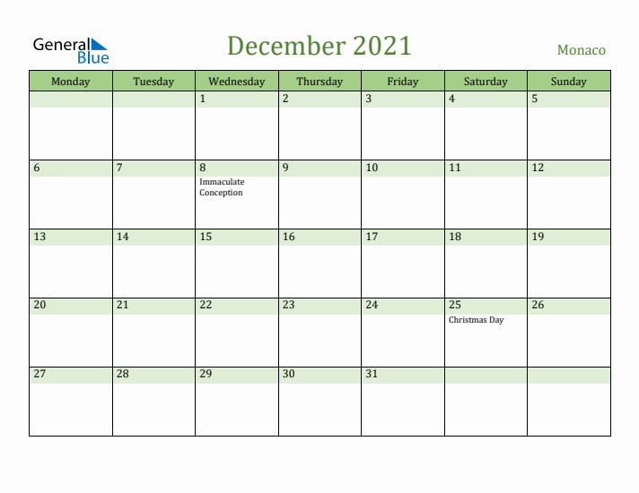 December 2021 Calendar with Monaco Holidays