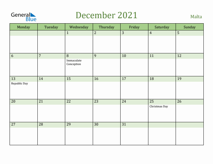 December 2021 Calendar with Malta Holidays