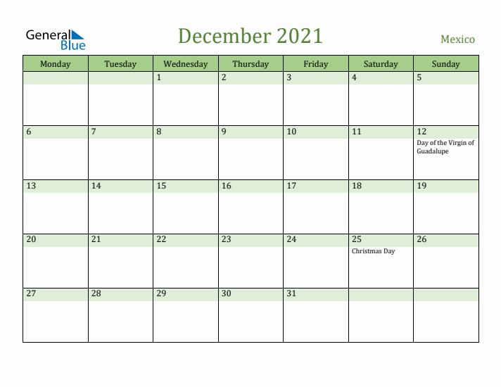 December 2021 Calendar with Mexico Holidays