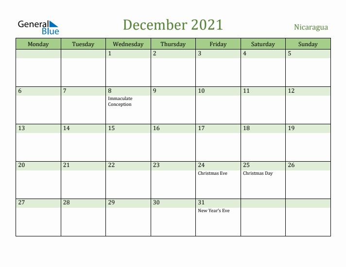 December 2021 Calendar with Nicaragua Holidays