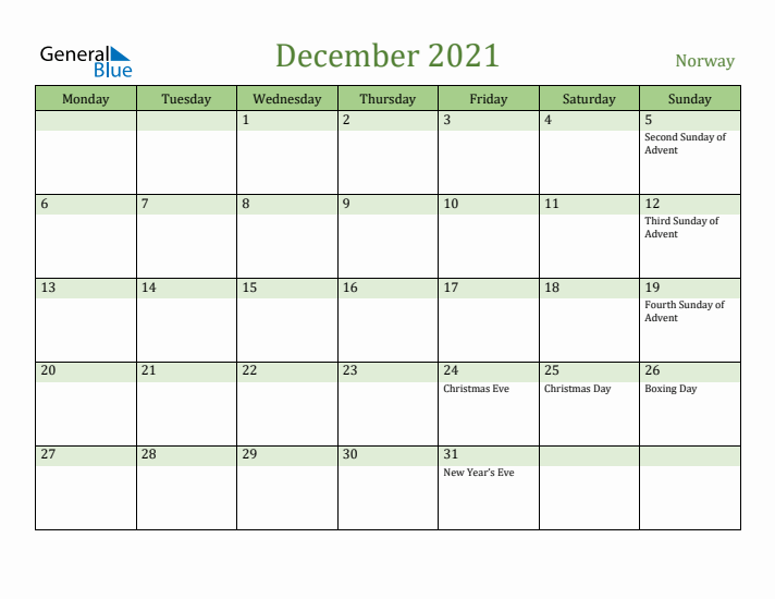 December 2021 Calendar with Norway Holidays