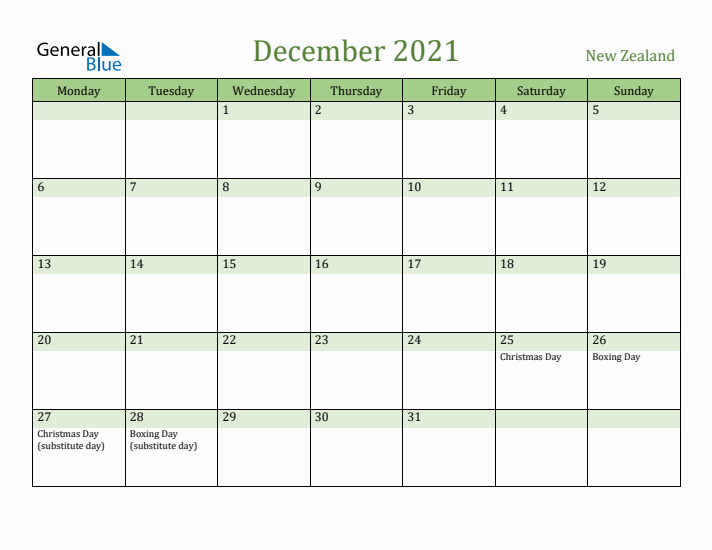 December 2021 Calendar with New Zealand Holidays