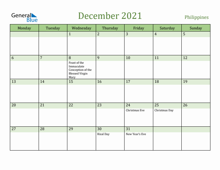 December 2021 Calendar with Philippines Holidays