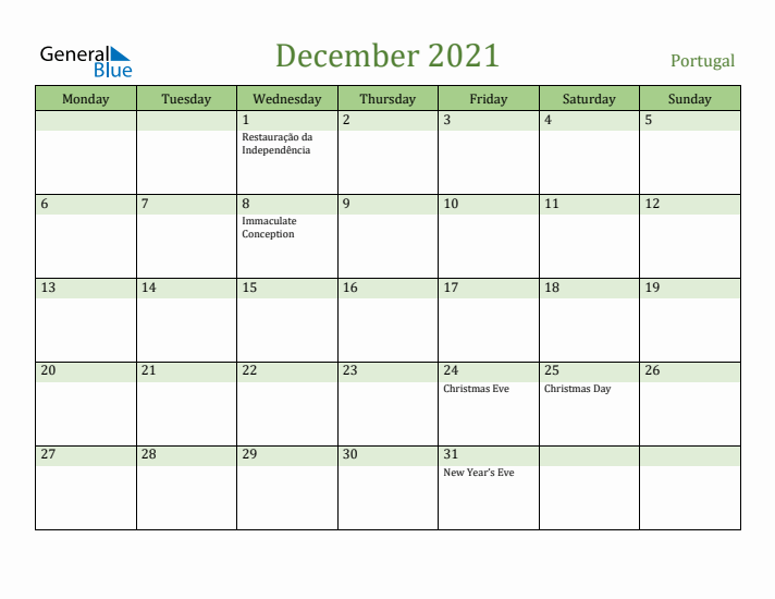 December 2021 Calendar with Portugal Holidays