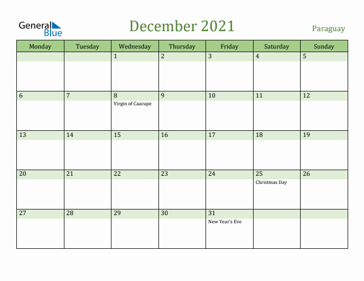 December 2021 Calendar with Paraguay Holidays