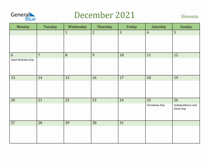 December 2021 Calendar with Slovenia Holidays