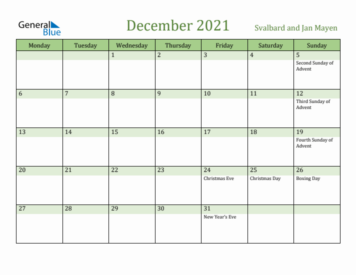 December 2021 Calendar with Svalbard and Jan Mayen Holidays