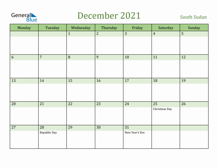December 2021 Calendar with South Sudan Holidays