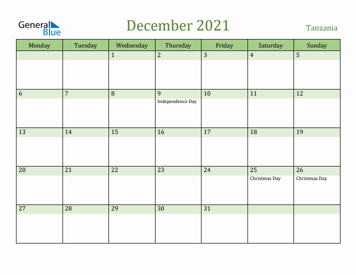 December 2021 Calendar with Tanzania Holidays