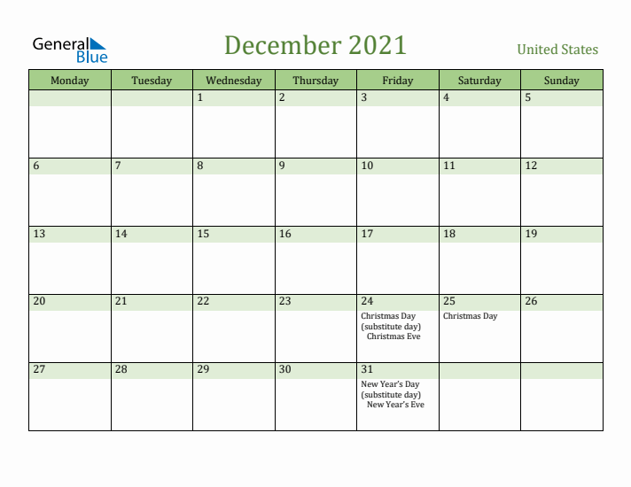 December 2021 Calendar with United States Holidays