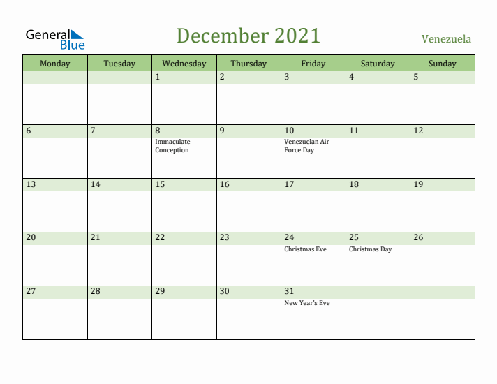 December 2021 Calendar with Venezuela Holidays