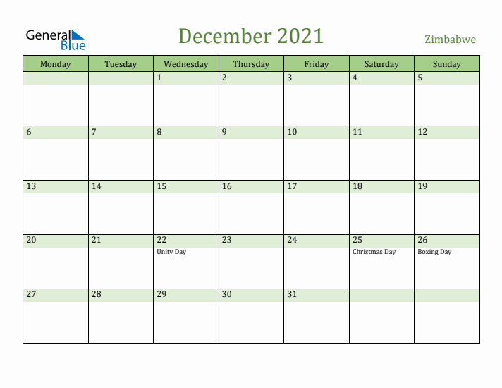 December 2021 Calendar with Zimbabwe Holidays