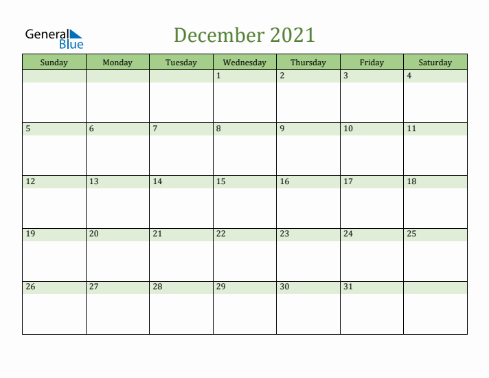 December 2021 Calendar with Sunday Start