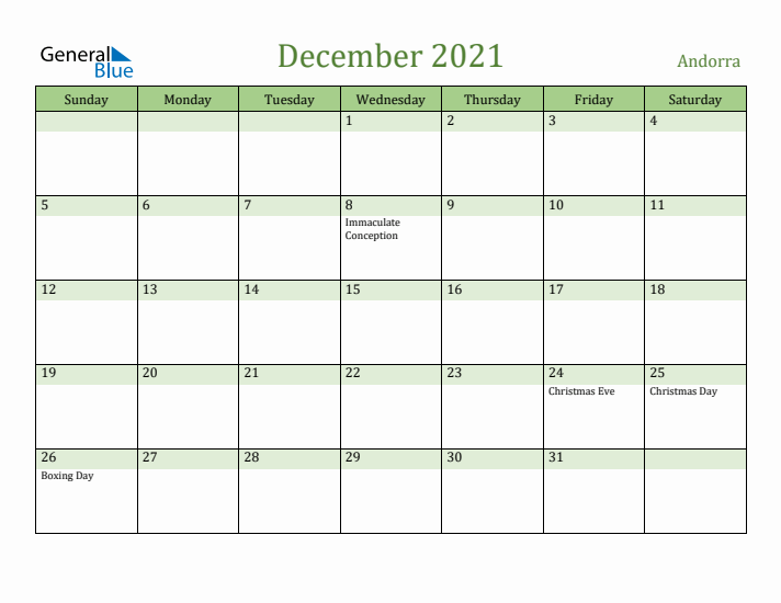 December 2021 Calendar with Andorra Holidays