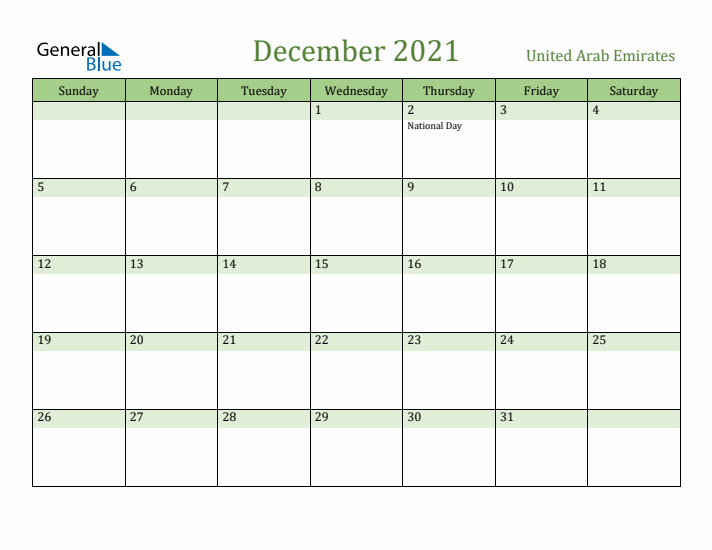 December 2021 Calendar with United Arab Emirates Holidays