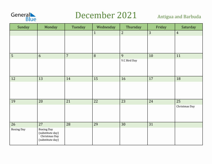 December 2021 Calendar with Antigua and Barbuda Holidays