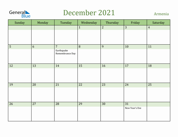 December 2021 Calendar with Armenia Holidays