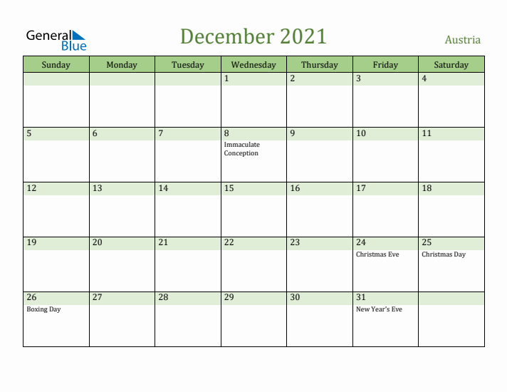 December 2021 Calendar with Austria Holidays