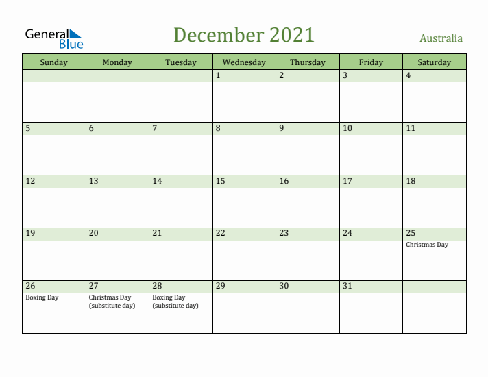 December 2021 Calendar with Australia Holidays