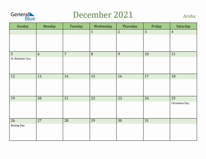 December 2021 Calendar with Aruba Holidays