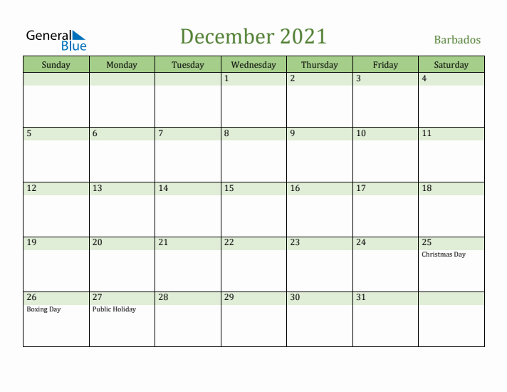 December 2021 Calendar with Barbados Holidays
