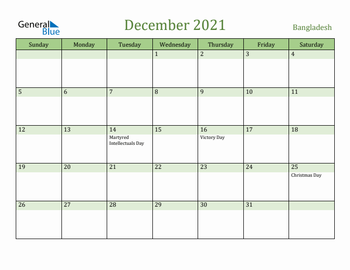 December 2021 Calendar with Bangladesh Holidays