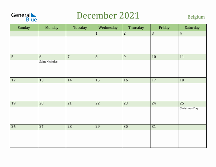 December 2021 Calendar with Belgium Holidays
