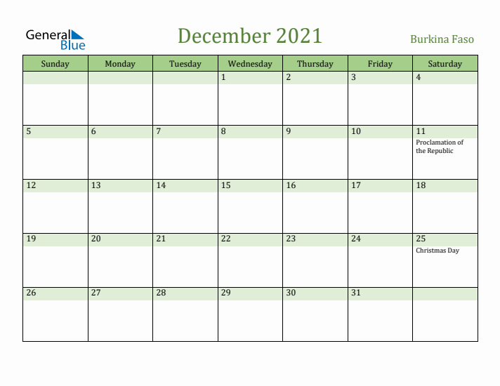 December 2021 Calendar with Burkina Faso Holidays