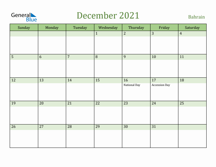 December 2021 Calendar with Bahrain Holidays