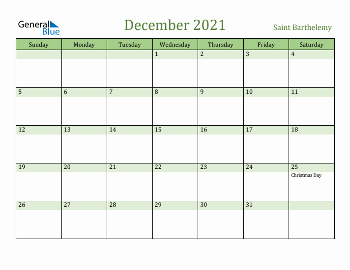December 2021 Calendar with Saint Barthelemy Holidays