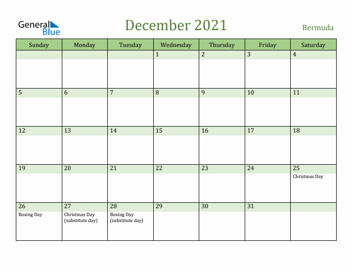 December 2021 Calendar with Bermuda Holidays
