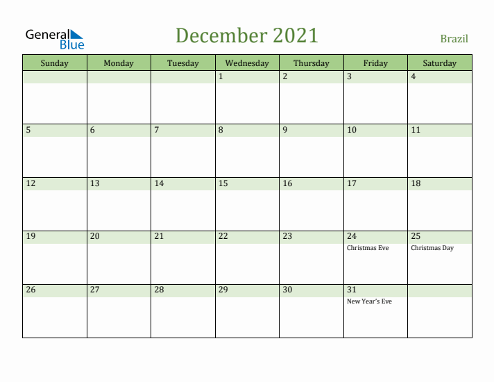 December 2021 Calendar with Brazil Holidays