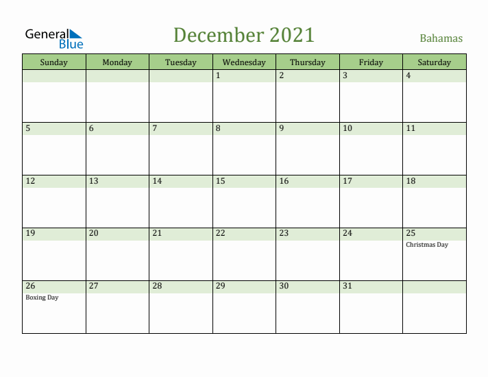 December 2021 Calendar with Bahamas Holidays