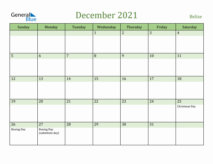 December 2021 Calendar with Belize Holidays