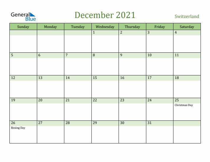 December 2021 Calendar with Switzerland Holidays