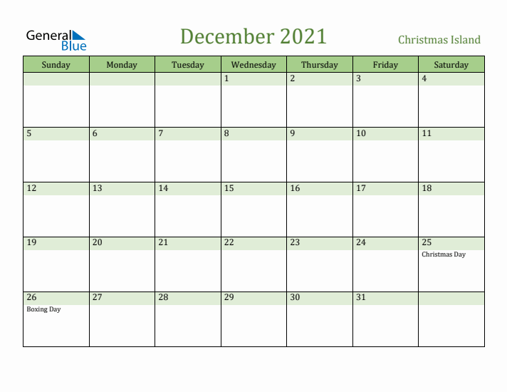 December 2021 Calendar with Christmas Island Holidays
