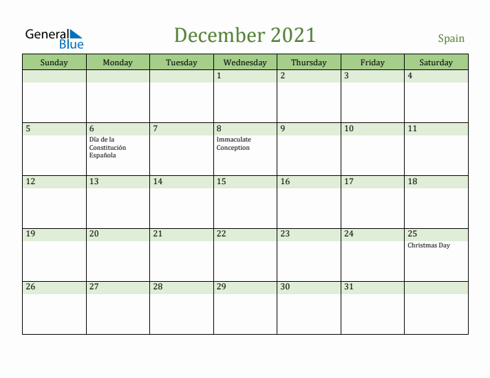 December 2021 Calendar with Spain Holidays