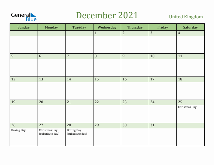 December 2021 Calendar with United Kingdom Holidays