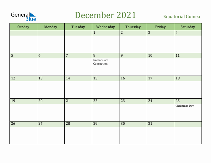 December 2021 Calendar with Equatorial Guinea Holidays