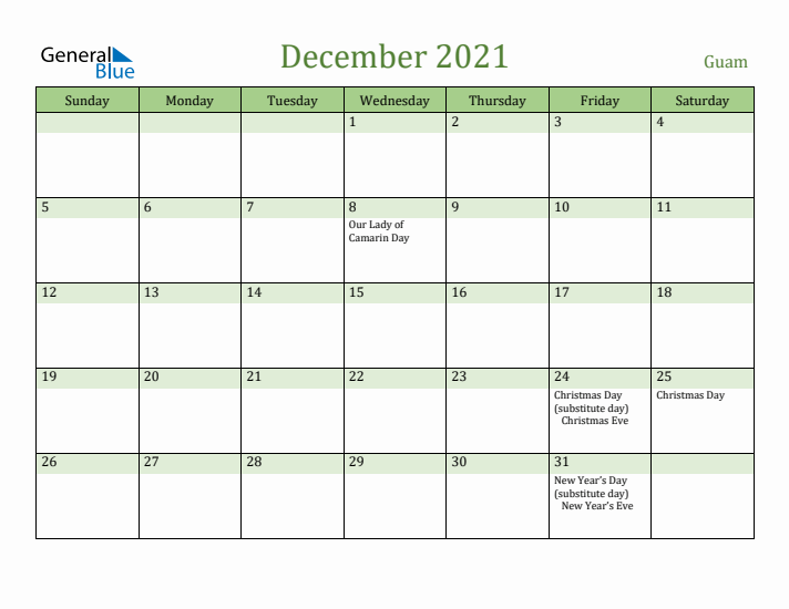 December 2021 Calendar with Guam Holidays
