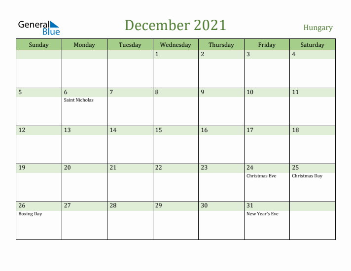 December 2021 Calendar with Hungary Holidays