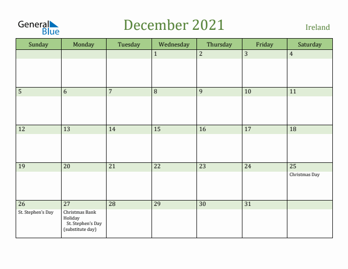 December 2021 Calendar with Ireland Holidays