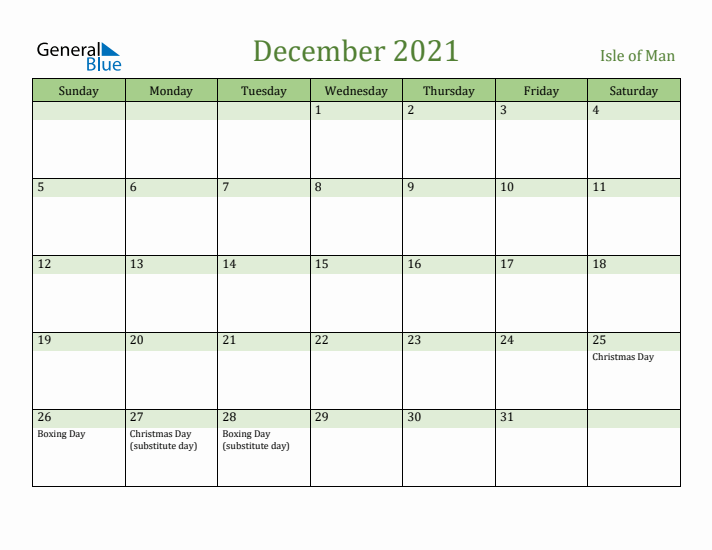December 2021 Calendar with Isle of Man Holidays