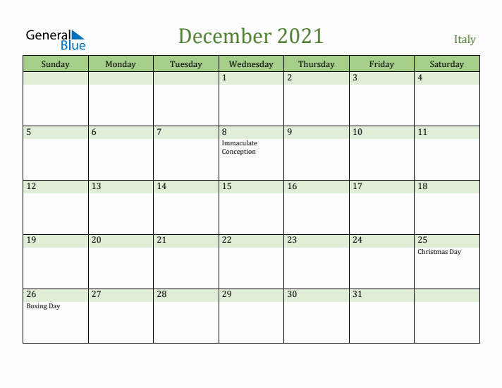 December 2021 Calendar with Italy Holidays